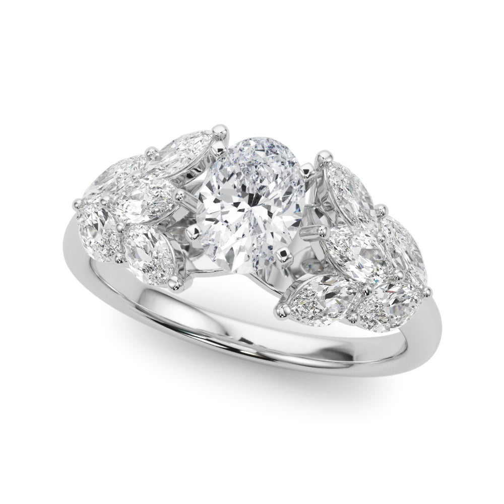 Silver Oval Diamond Cluster Leaf Design Ring with Prong Setting 2