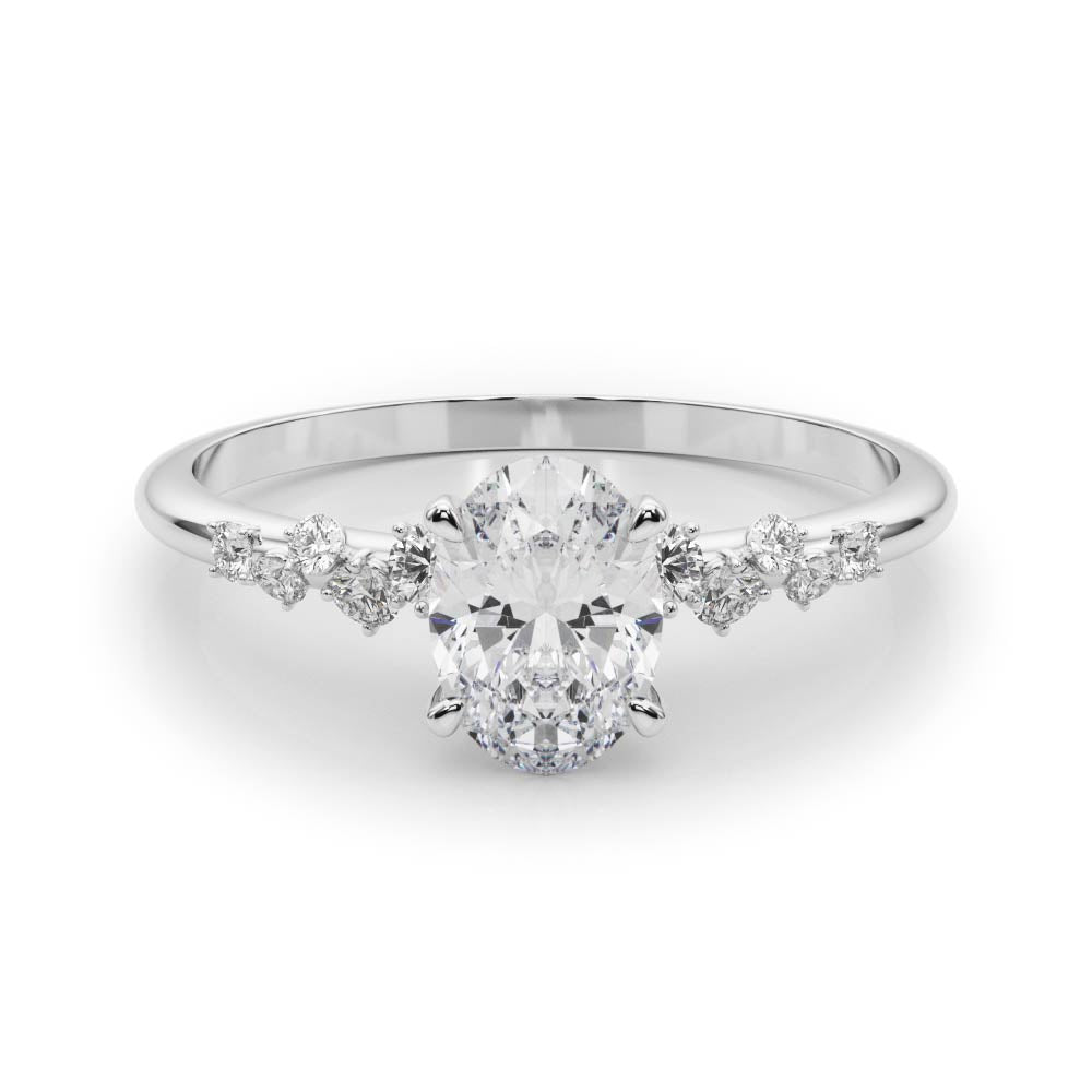 Silver Oval Diamond Cluster Prong-Set Solitaire Ring