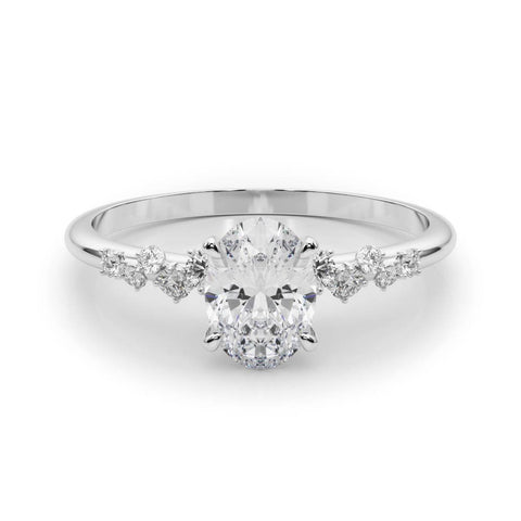 Silver Oval Diamond Cluster Prong-Set Solitaire Ring