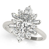 Silver Oval Diamond Cluster Ring with Round and Baguette Stones, Split Shank Band, Prong Setting 1