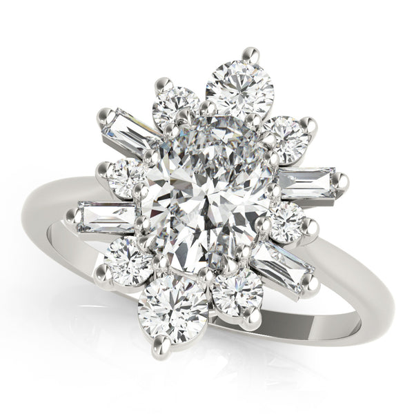 White gold Oval Diamond Cluster Ring with Round and Baguette Stones, Split Shank Band, Prong Setting