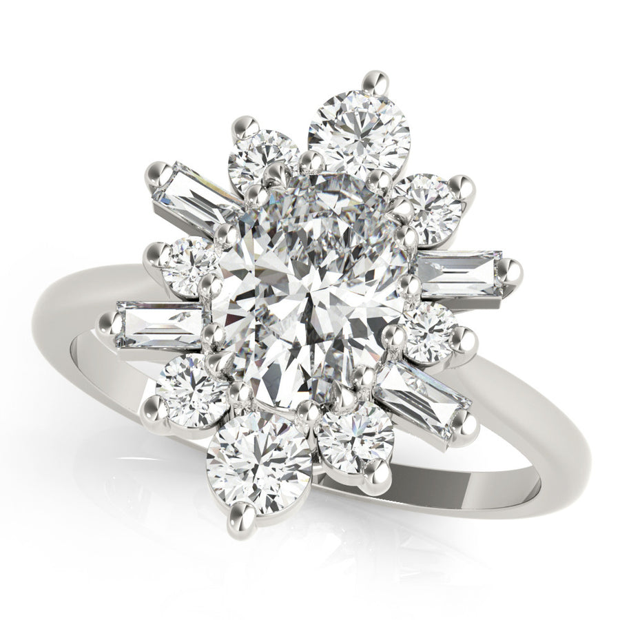 White gold Oval Diamond Cluster Ring with Round and Baguette Stones, Split Shank Band, Prong Setting