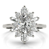 Silver Oval Diamond Cluster Ring with Round and Baguette Stones, Split Shank Band, Prong Setting 2