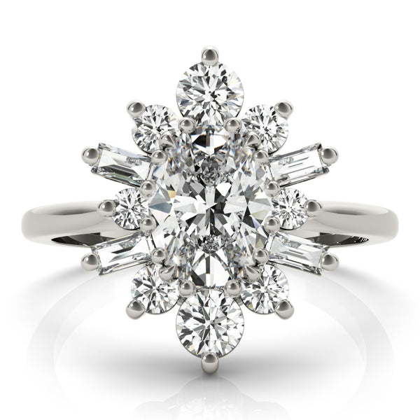 White gold Oval Diamond Cluster Ring with Round and Baguette Stones, Split Shank Band, Prong Setting
