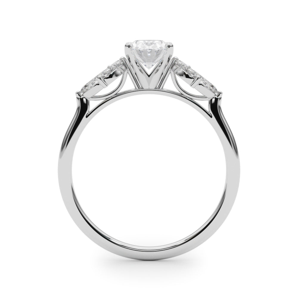 Silver Oval Diamond Floral Cluster Ring with Marquise Side Stones and Six-Prong Solitaire Setting 1