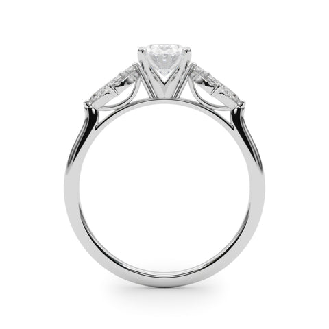 Silver Oval Diamond Floral Cluster Ring with Marquise Side Stones and Six-Prong Solitaire Setting 1