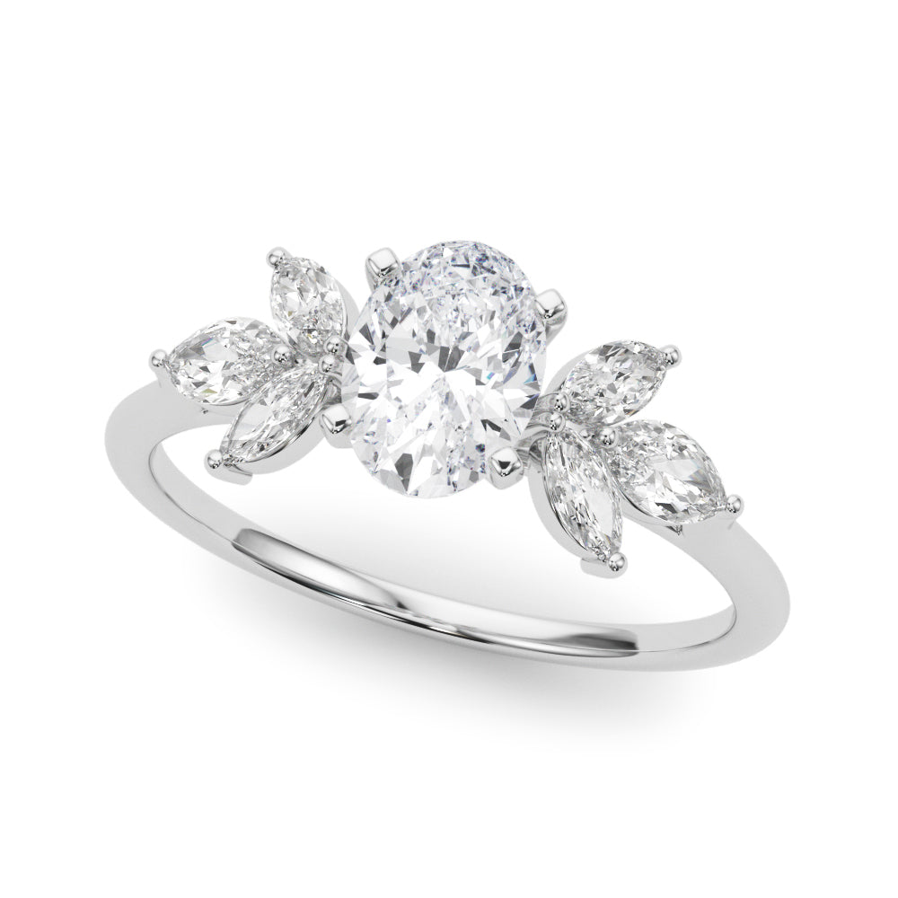 Silver Oval Diamond Floral Cluster Ring with Marquise Side Stones and Six-Prong Solitaire Setting 2
