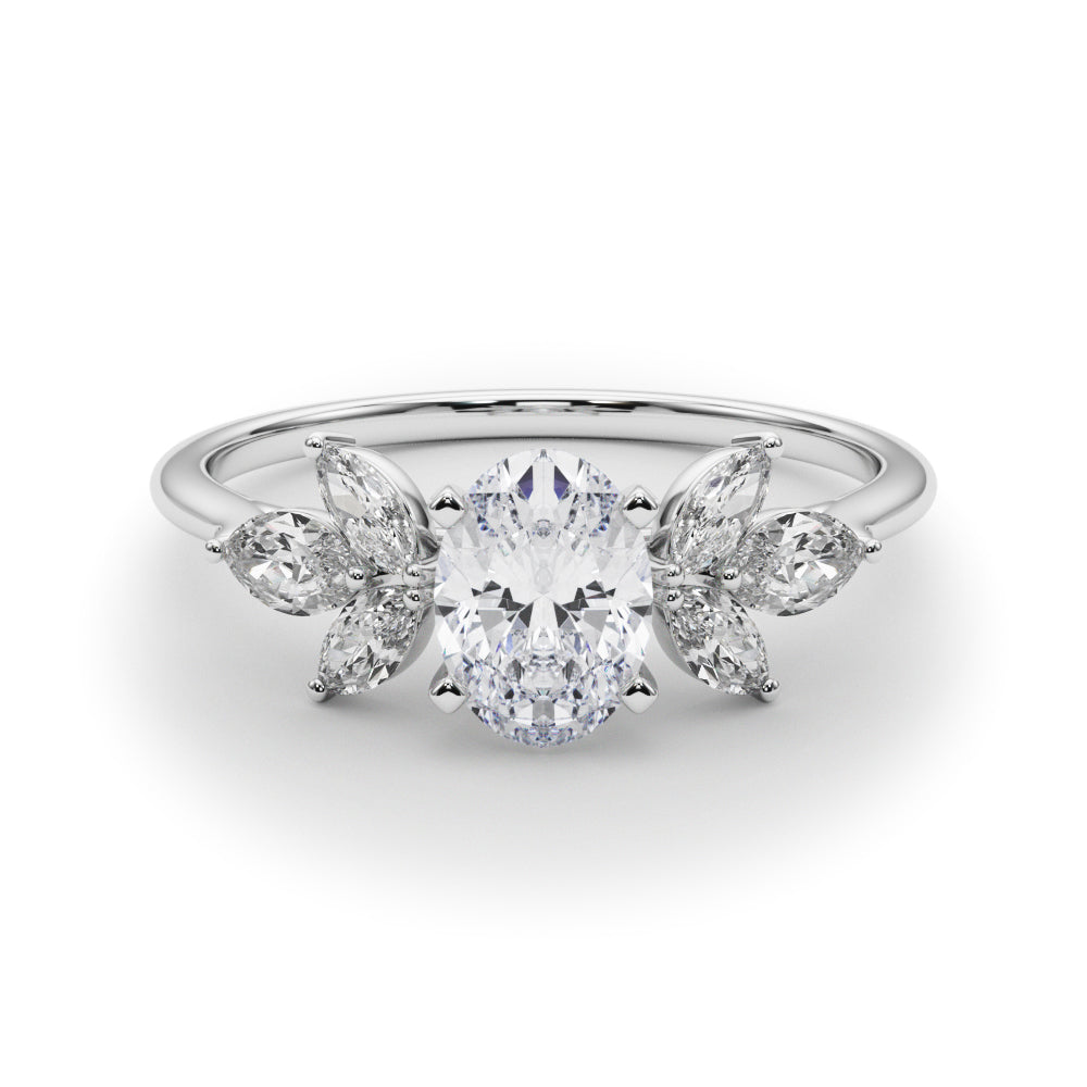 Silver Oval Diamond Floral Cluster Ring with Marquise Side Stones and Six-Prong Solitaire Setting