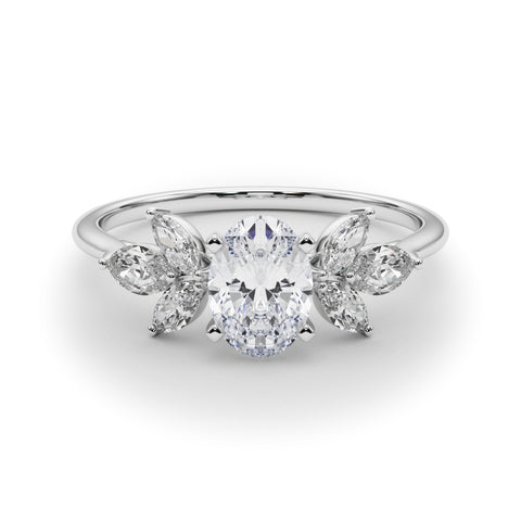 Silver Oval Diamond Floral Cluster Ring with Marquise Side Stones and Six-Prong Solitaire Setting