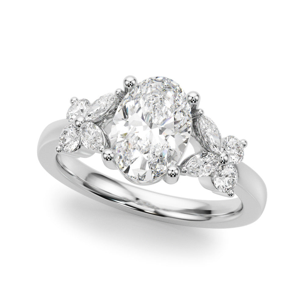 Silver Oval Diamond Floral Cluster Ring with Solitaire Band and Prong Setting