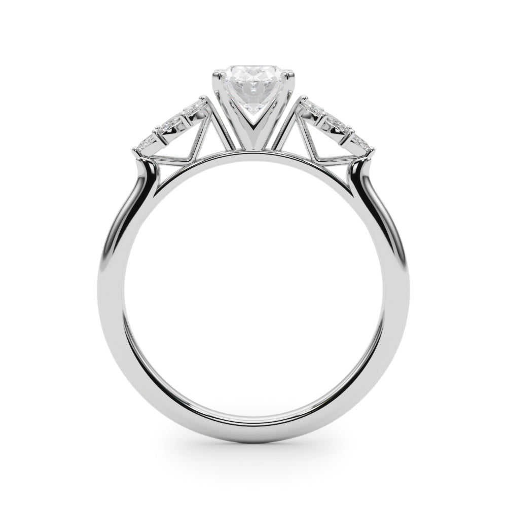 Silver Oval Diamond Floral Side Stone Solitaire with Marquise Accents and Four-Prong Setting 1