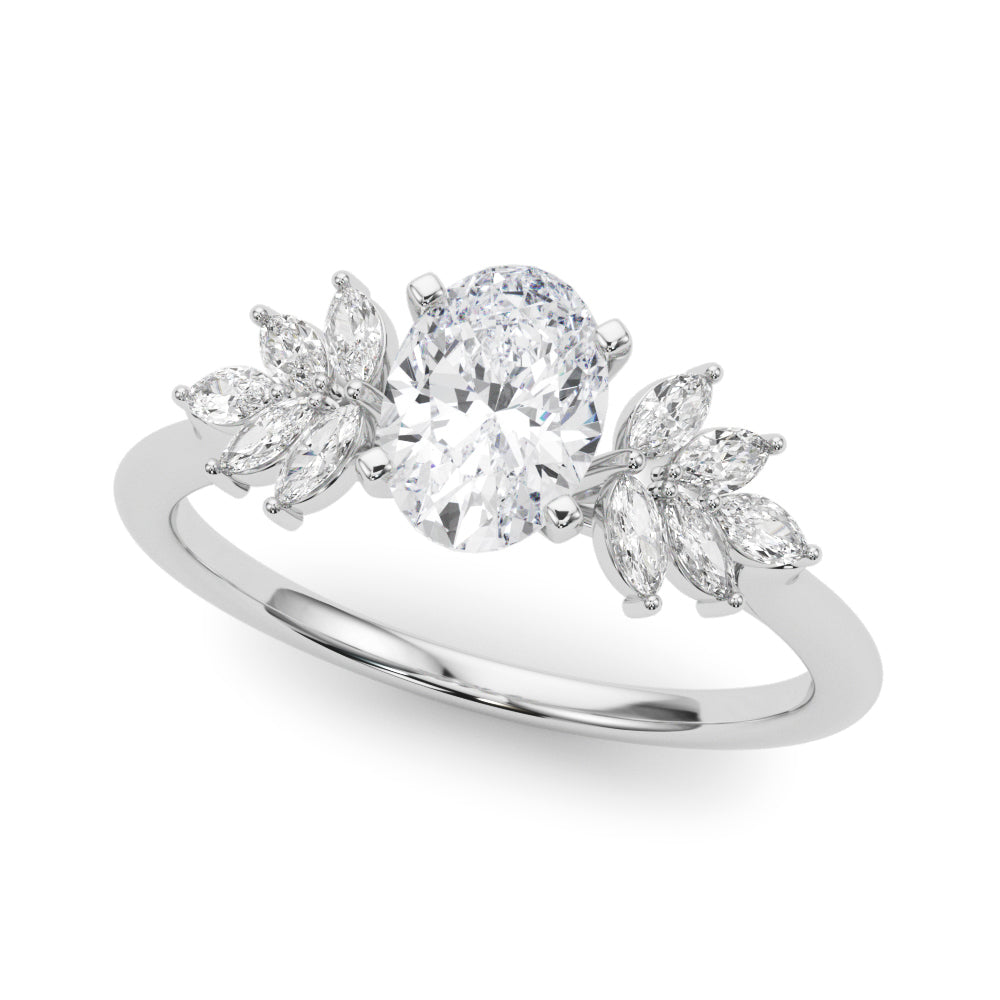 Silver Oval Diamond Floral Side Stone Solitaire with Marquise Accents and Four-Prong Setting 2