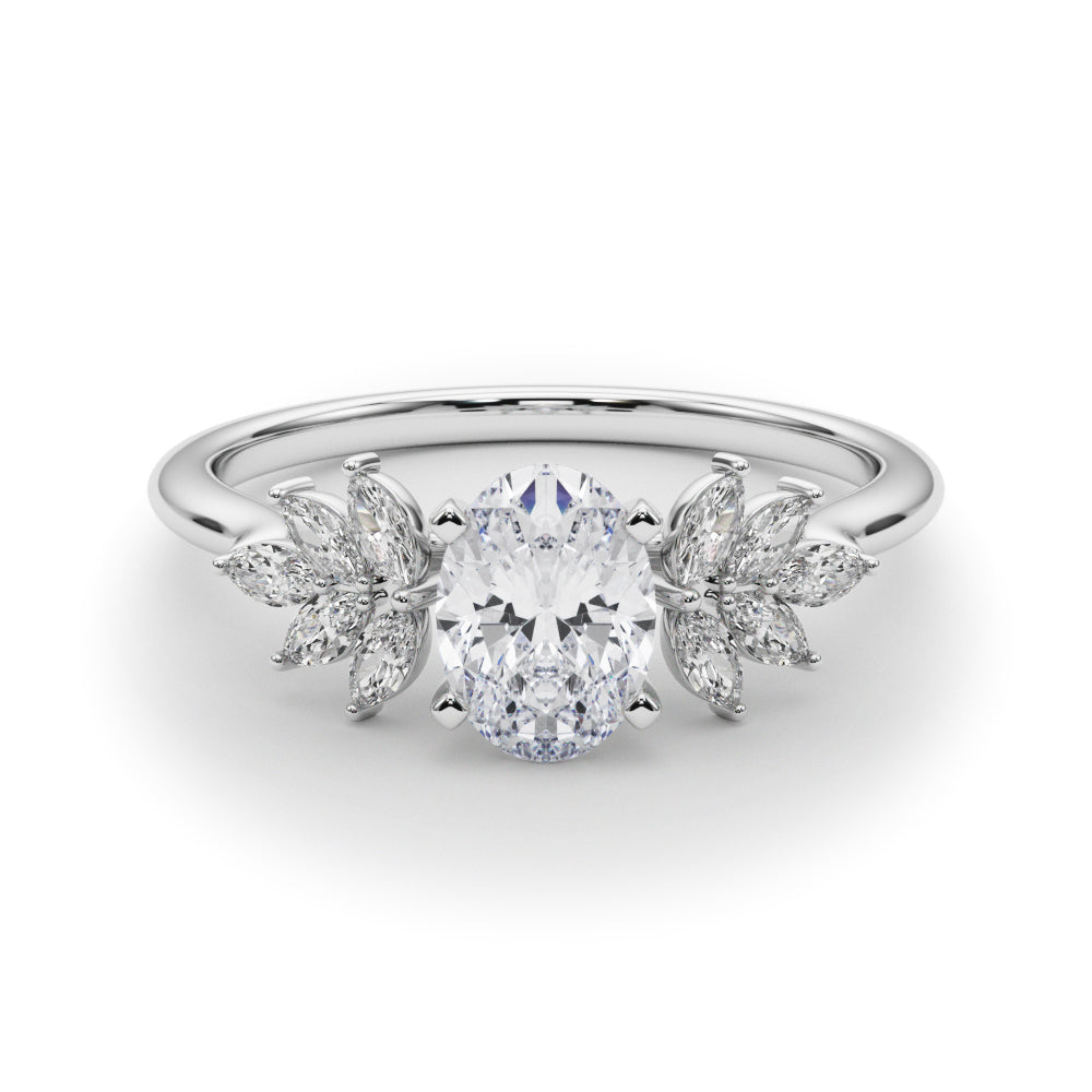 Silver Oval Diamond Floral Side Stone Solitaire with Marquise Accents and Four-Prong Setting