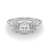 Silver Oval Diamond Floral Side Stone Solitaire with Marquise Accents and Four-Prong Setting