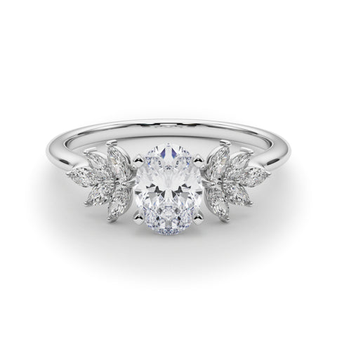 Silver Oval Diamond Floral Side Stone Solitaire with Marquise Accents and Four-Prong Setting