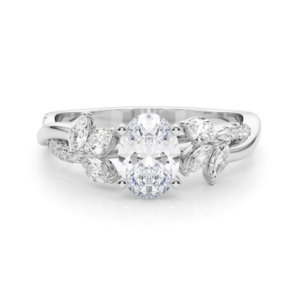 Silver Oval Diamond Floral Vine Solitaire Engagement Ring