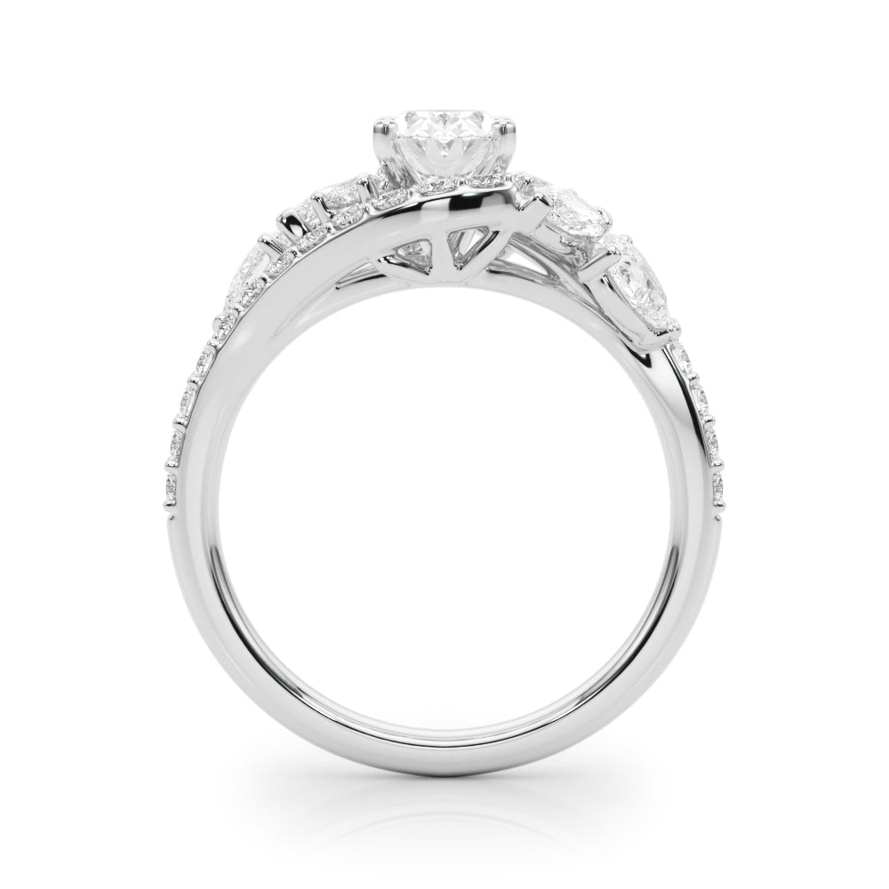 Silver Oval Diamond Halo Ring with Marquise and Pavé Band in Prong Setting 1