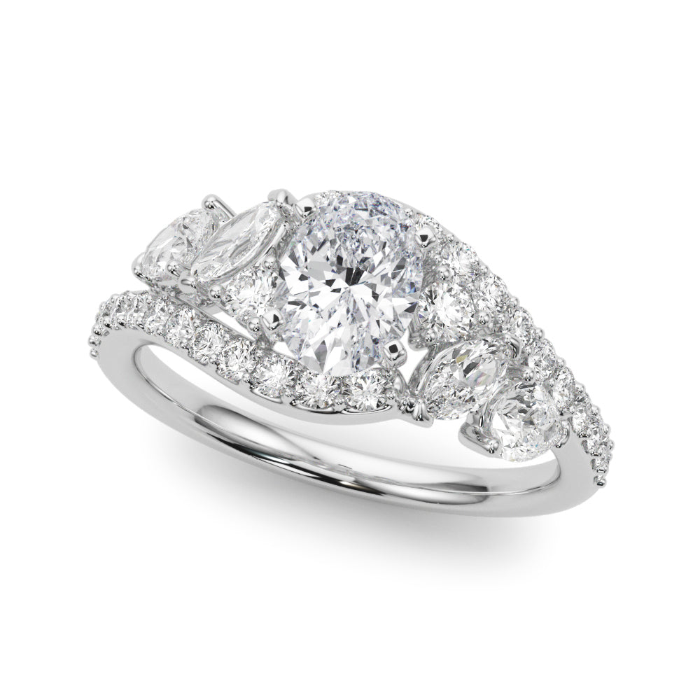 Silver Oval Diamond Halo Ring with Marquise and Pavé Band in Prong Setting 2