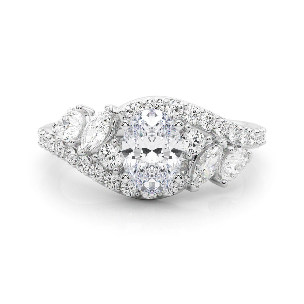 Silver Oval Diamond Halo Ring with Marquise and Pavé Band in Prong Setting
