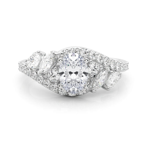Silver Oval Diamond Halo Ring with Marquise and Pavé Band in Prong Setting