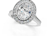 Silver Oval Diamond Halo Ring with Milgrain Frame and Pavé Band 1
