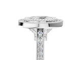 Silver Oval Diamond Halo Ring with Milgrain Frame and Pavé Band 5
