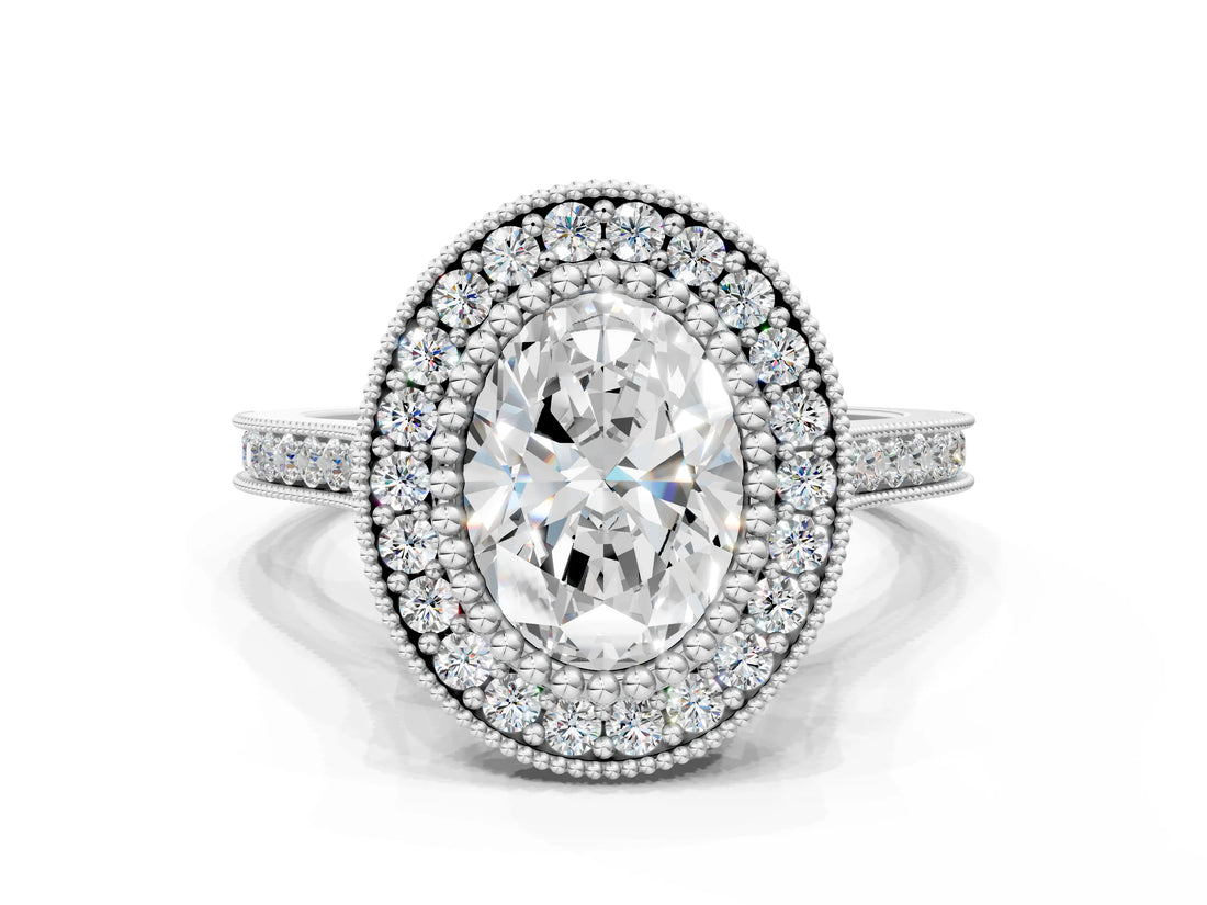 Silver Oval Diamond Halo Ring with Milgrain Frame and Pavé Band