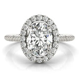 Silver Oval Diamond Halo Ring with Twisted Band and Prong Setting 1