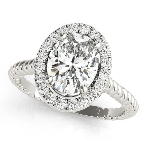 Silver Oval Diamond Halo Ring with Twisted Band and Prong Setting