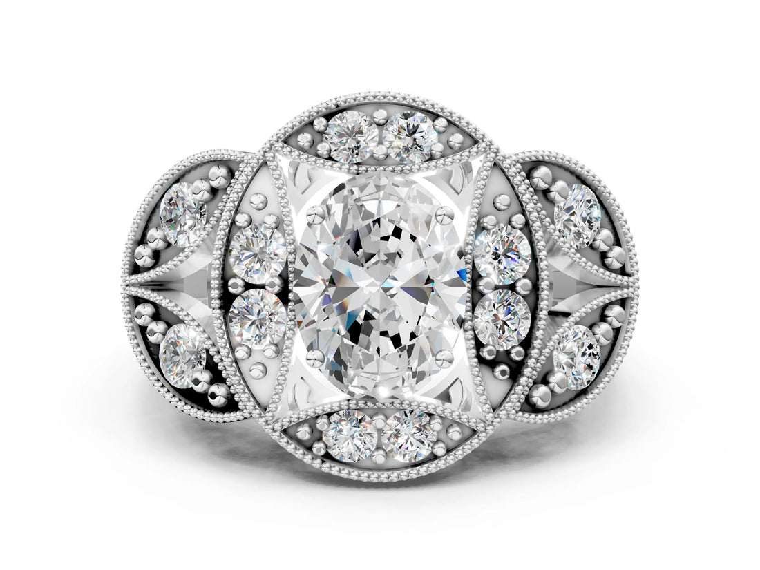 Silver Oval Diamond Milgrain Marquise Filigree Engagement Ring with Prong Setting_6