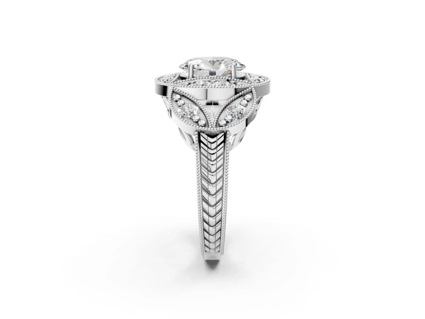 Sterling Silver Oval Vintage Halo Engagement Ring Setting with Milgrain Leaf Panels and Carved Band