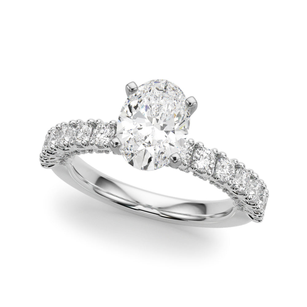Silver Oval Diamond Pavé Band Solitaire Ring with Four-Prong Setting 2