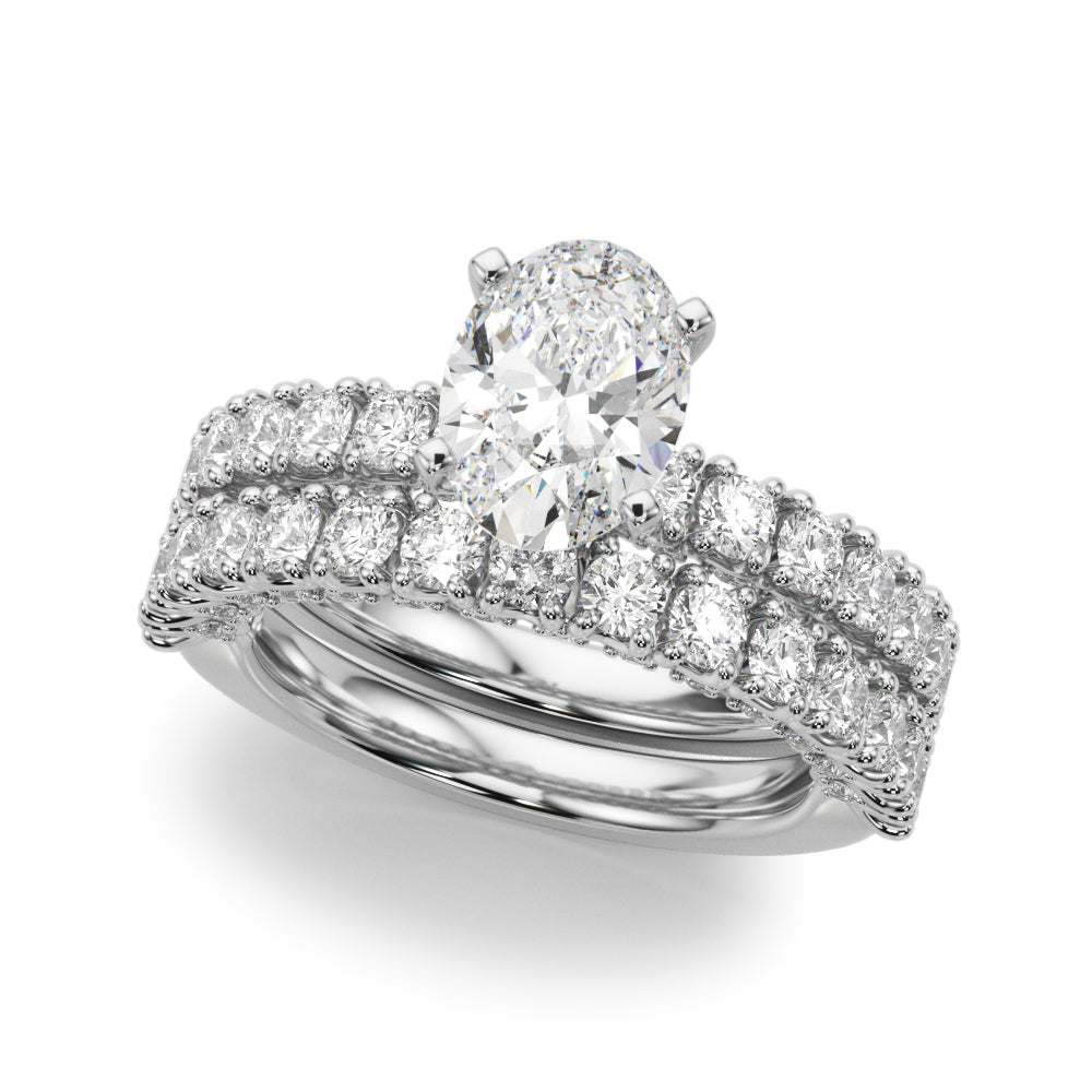Silver Oval Diamond Pavé Band Solitaire Ring with Four-Prong Setting