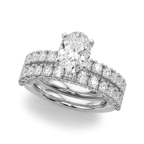 Silver Oval Diamond Pavé Band Solitaire Ring with Four-Prong Setting