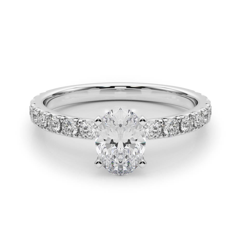 Silver Oval Diamond Pavé Band Solitaire with Four-Prong Setting