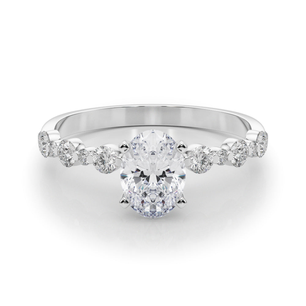 Silver Oval Diamond Prong Set Engagement Ring with Pave Band