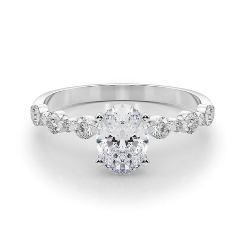 Silver Oval Diamond Prong Set Engagement Ring with Pave Band