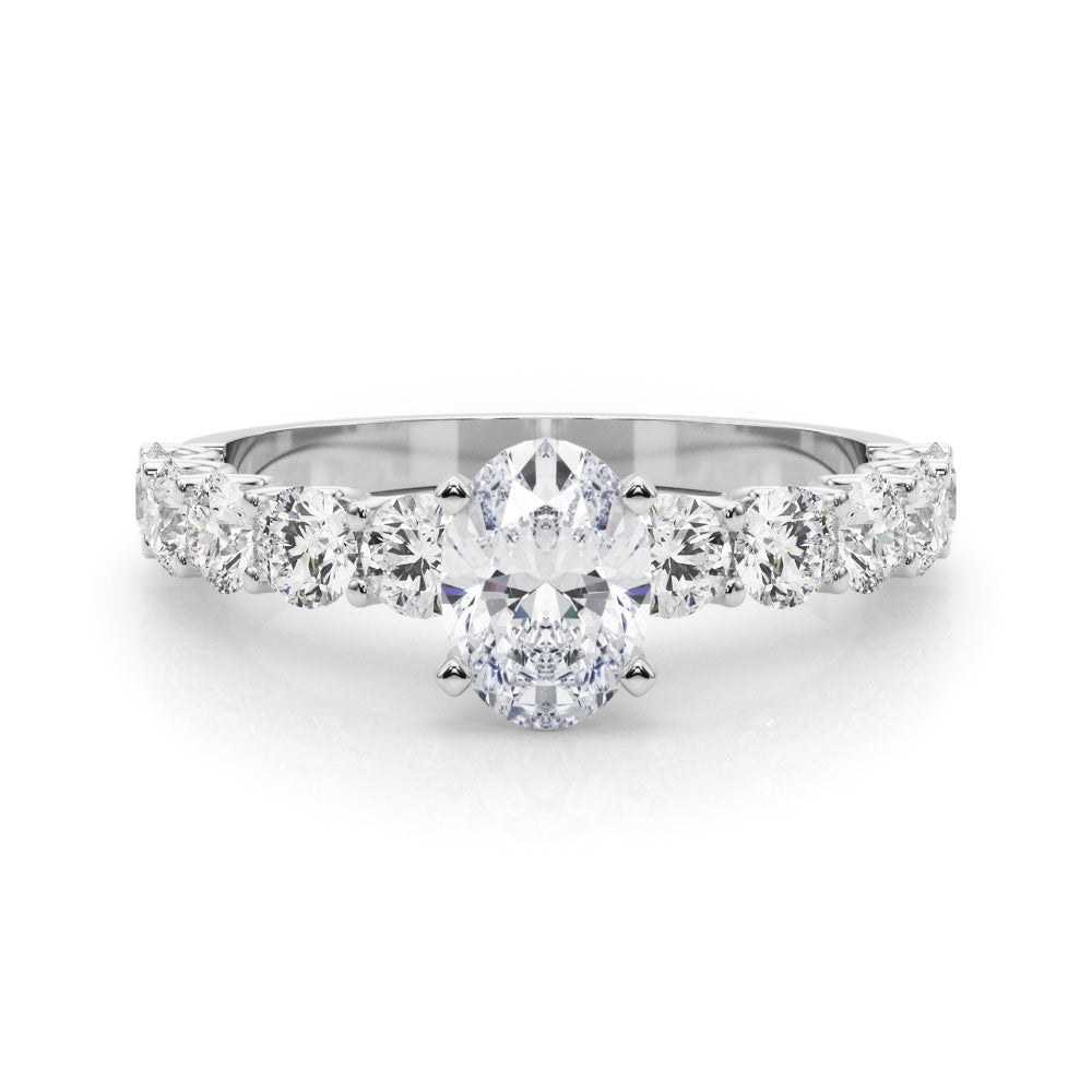 Silver Oval Diamond Prong Setting with Side Stones on a Pave Band
