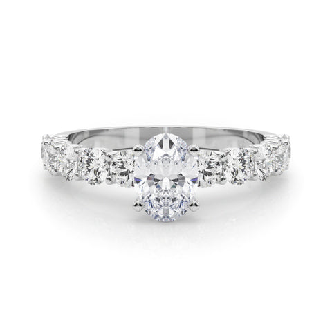 Silver Oval Diamond Prong Setting with Side Stones on a Pave Band