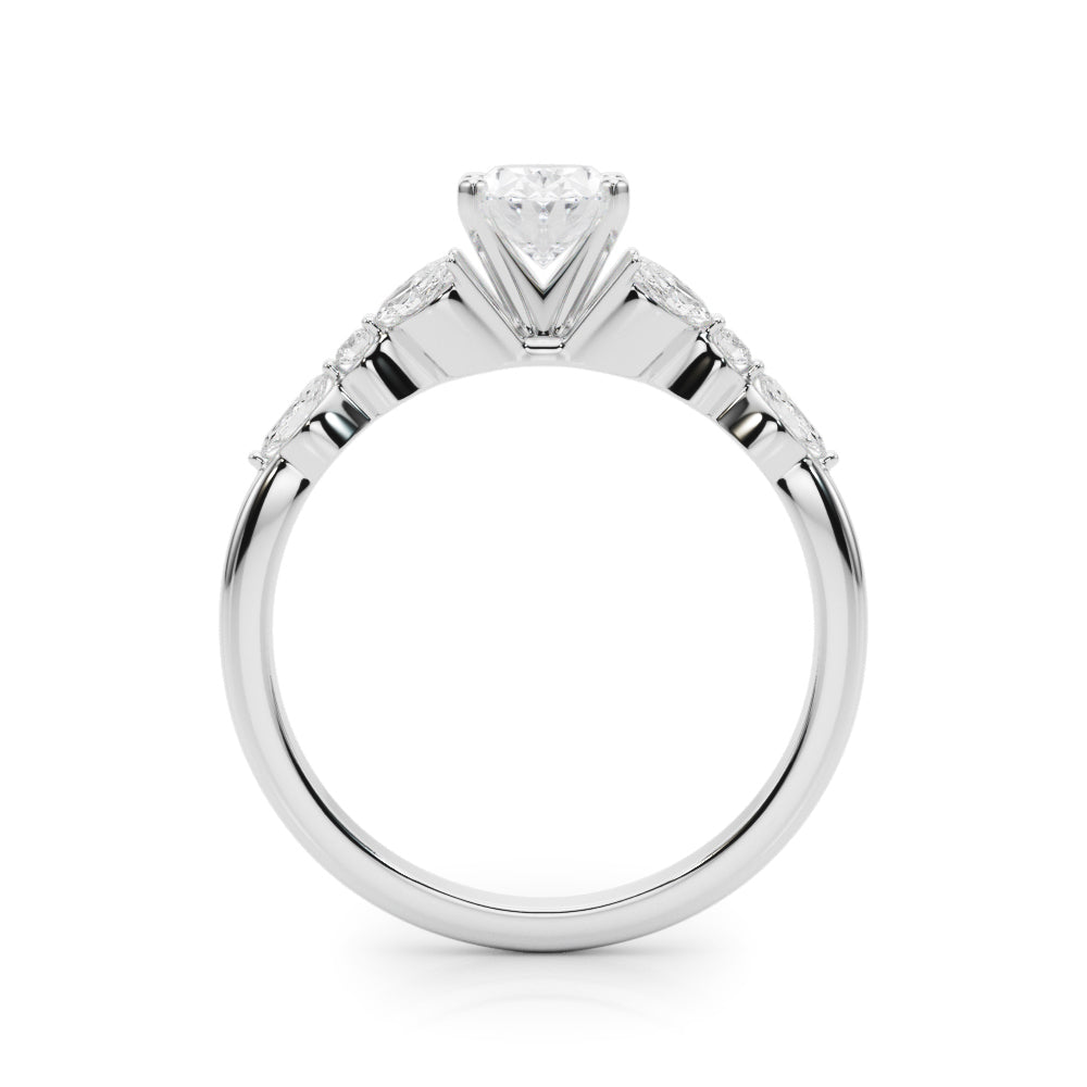 Silver Oval Diamond Solitaire with Side Stones on a Silver Band and Four-Prong Setting 1