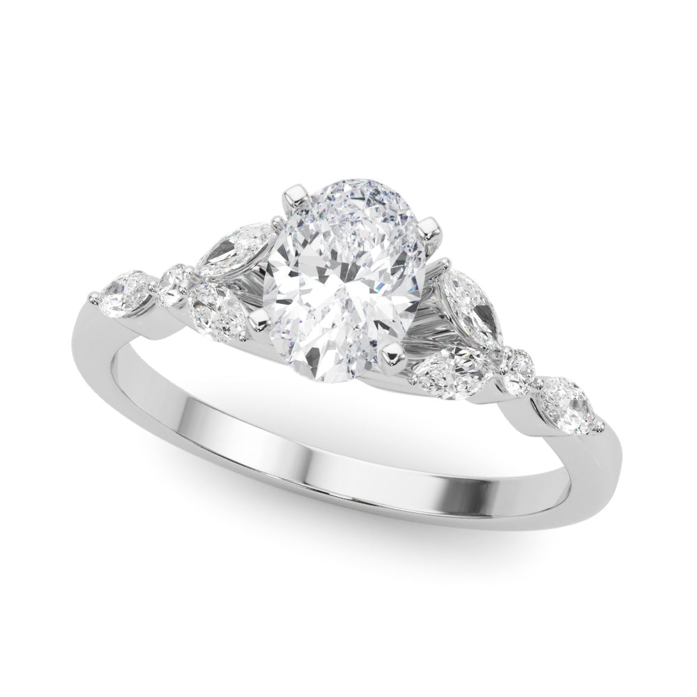 Silver Oval Diamond Solitaire with Side Stones on a Silver Band and Four-Prong Setting 2
