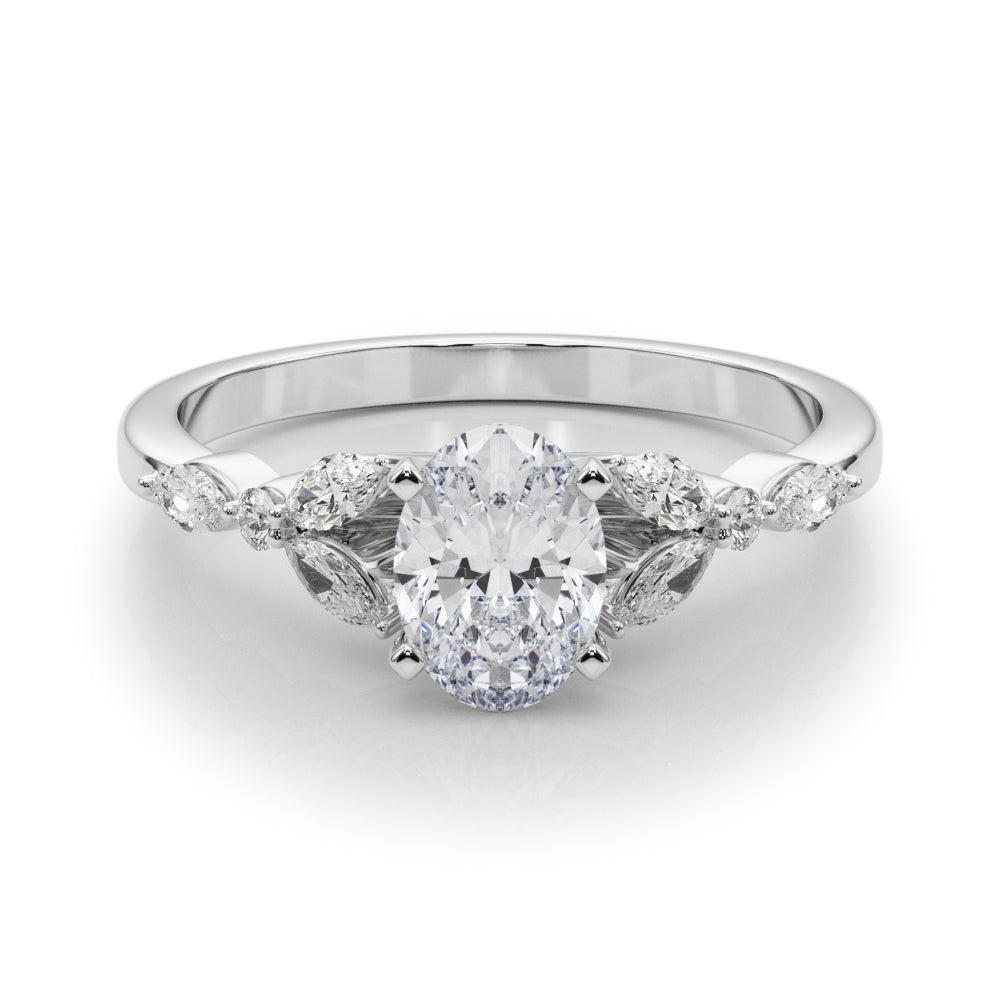 Silver Oval Diamond Solitaire with Side Stones on a Silver Band and Four-Prong Setting
