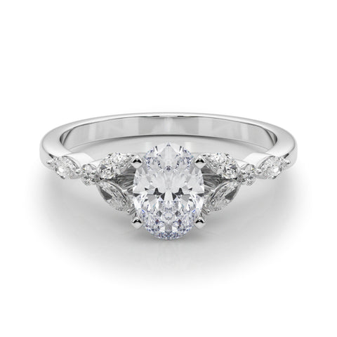 Silver Oval Diamond Solitaire with Side Stones on a Silver Band and Four-Prong Setting