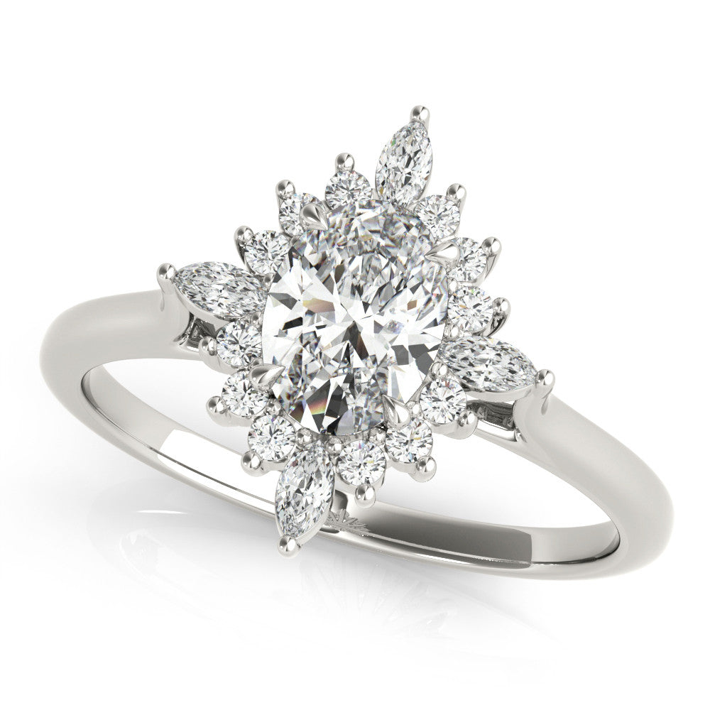 Silver Oval Halo Diamond Cluster Ring with Marquise and Round Stones on a Silver Band with Prong Setting 1