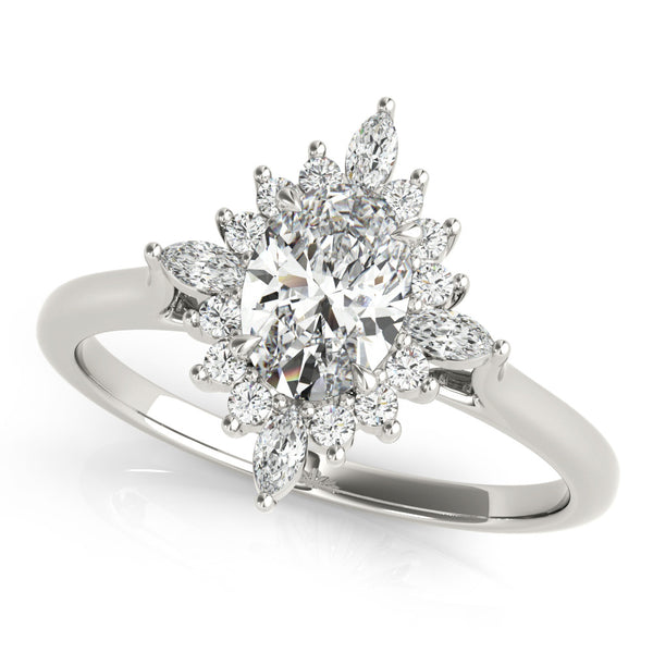 White gold Oval Halo Diamond Cluster Ring with Marquise and Round Stones on a White Gold Band with Prong Setting