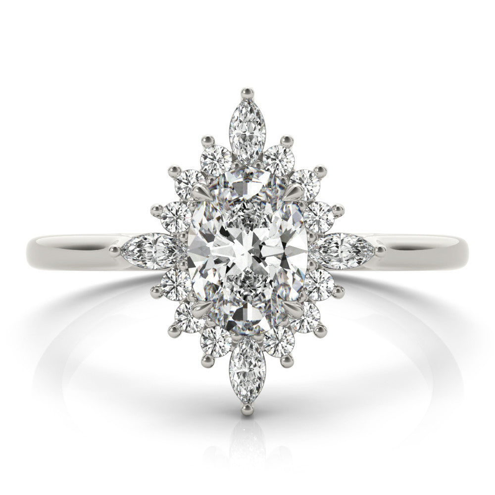 Silver Oval Halo Diamond Cluster Ring with Marquise and Round Stones on a Silver Band with Prong Setting 2