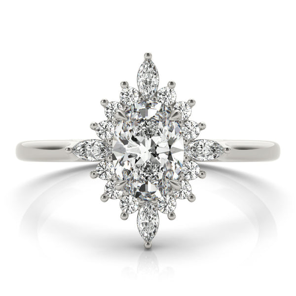 White gold Oval Halo Diamond Cluster Ring with Marquise and Round Stones on a White Gold Band with Prong Setting