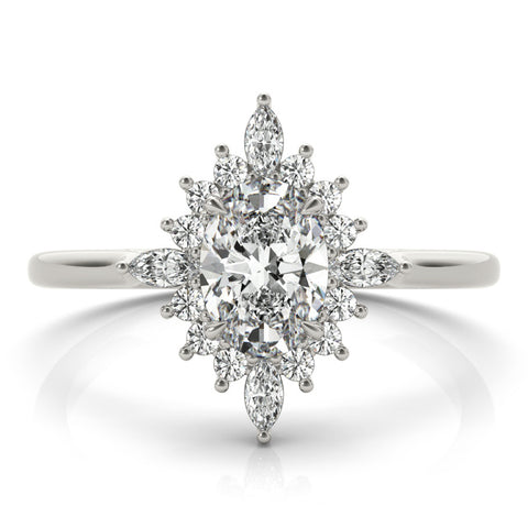 Silver Oval Halo Diamond Cluster Ring with Marquise and Round Stones on a Silver Band with Prong Setting 2
