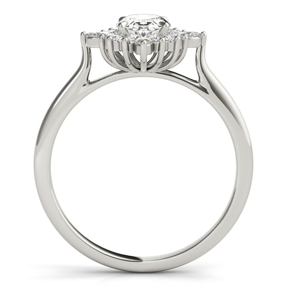 Silver Oval Halo Diamond Cluster Ring with Marquise and Round Stones on a Silver Band with Prong Setting