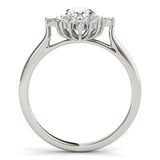 Silver Oval Halo Diamond Cluster Ring with Marquise and Round Stones on a Silver Band with Prong Setting